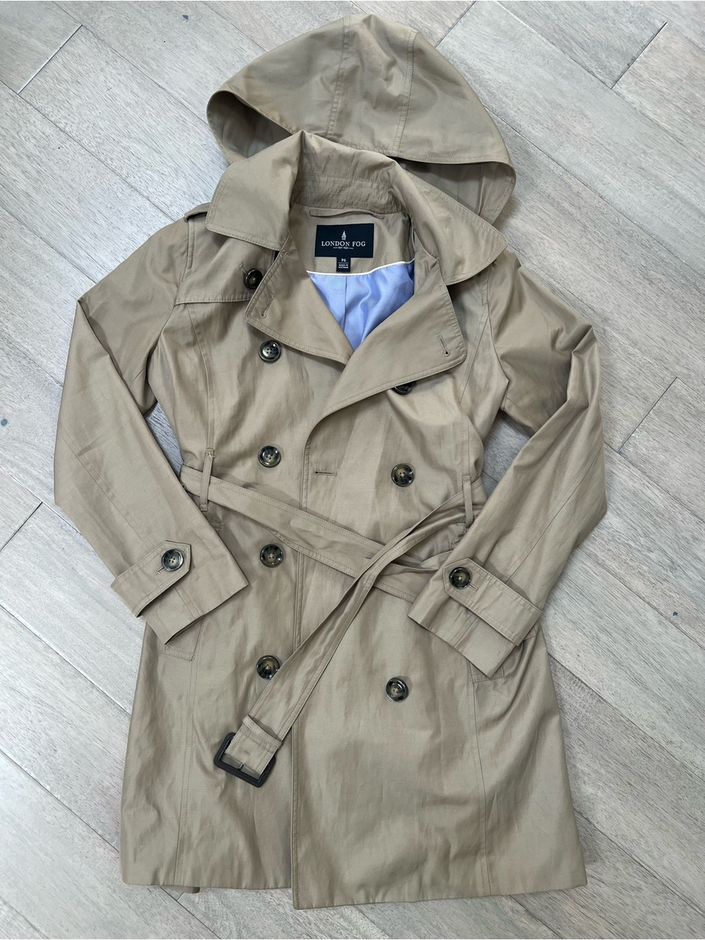 London Fog Khaki Double-Breasted Hooded Trench Coat